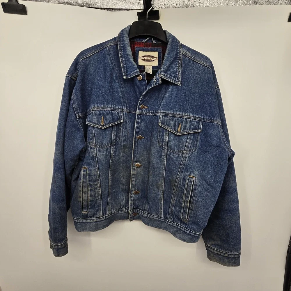 Vintage 90s Y2K Plaid Denim Trucker Jacket Men's XL Flannel Lined Grunge Outdoor